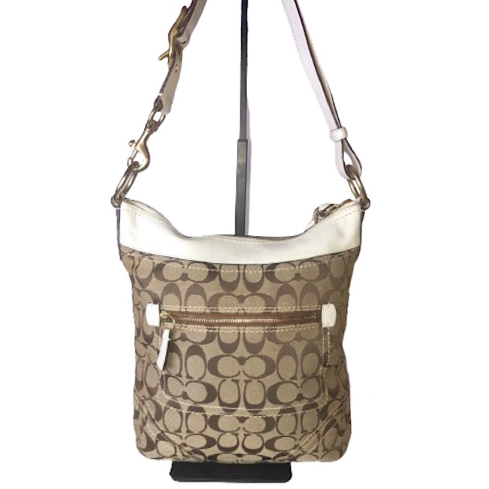 COACH White Leather Tan Jacquard Slim Duffle Crossbody Bag Ext Zipper Pocket
